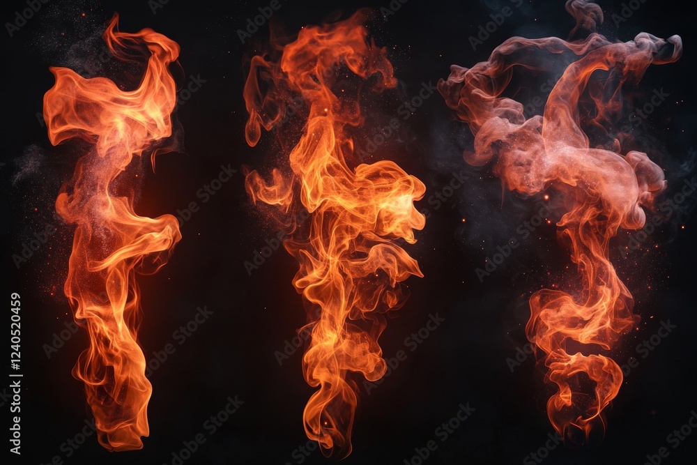 Poster fire swirls in various forms against a dark background, showcasing vibrant colors and dynamic moveme