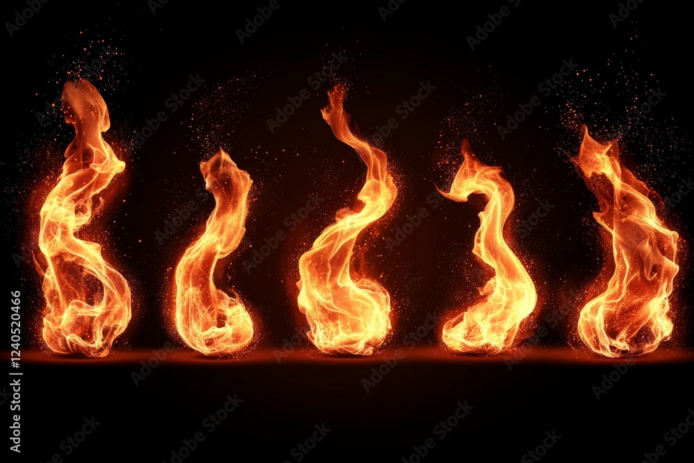 Aufkleber Flames dance in various shapes creating a mesmerizing display of fire in a dark environment