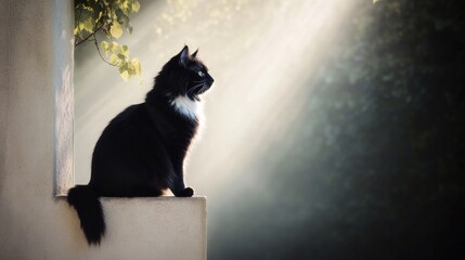 Timeless Serenity Vintage Black Cat on Stone Windowsill with Rainbow Light - Heritage Design for Inspirational Marketing and Spiritual Content Creation