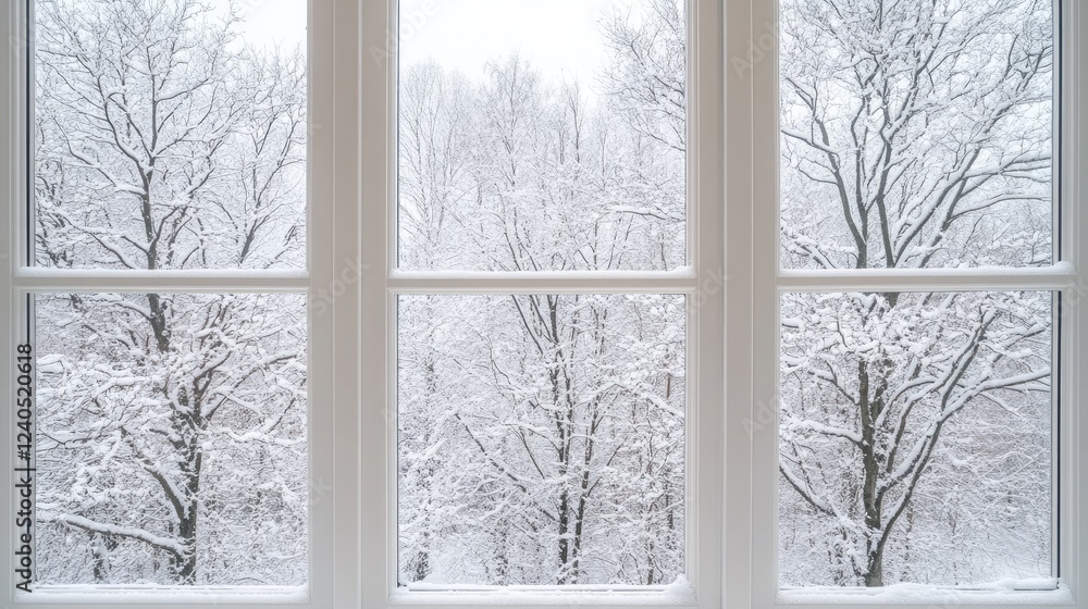Poster frosted trees create a serene winter view from a spacious room featuring expansive windows in a brig