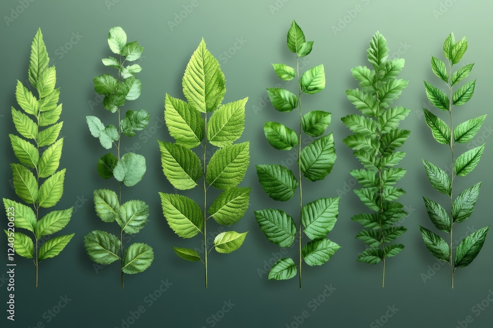 Poster collection of various green leaves arranged in an artistic display on a textured background