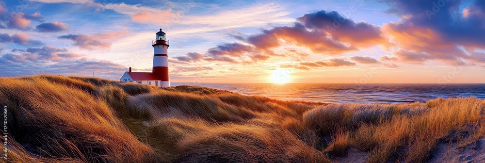 Poster scenic sunset over ocean with lighthouse and dune grass illuminated by warm light on a tranquil even