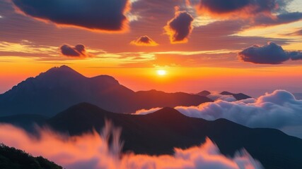 Stunning sunset over mountain peaks with vibrant clouds and mist
