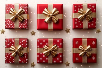 Brightly wrapped holiday gifts arranged in a festive display with golden bows and decorative patterns