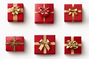 Collection of red gift boxes with decorative bows arranged in a pleasing display for a festive occasion