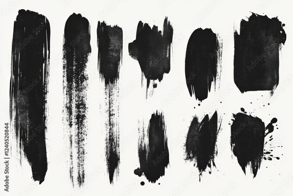 Poster Black paint strokes arranged in various shapes and sizes on a light background