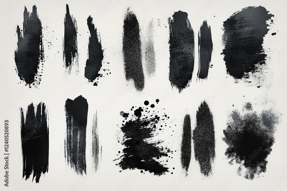 Poster various black paint strokes on white background showcasing artistic textures and patterns in contemp