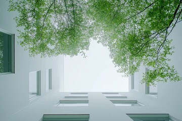 Obraz premium green leaves and modern building Low angle view of modern skyscrapers in business district with green leaves