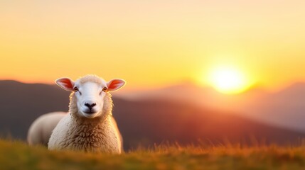 Fototapeta premium Peaceful sheep grazing at sunrise in serene mountain landscape