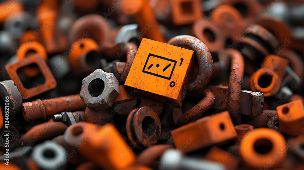 Poster outdated programming symbols intertwined with rusty hardware industrial workshop digital art close-u