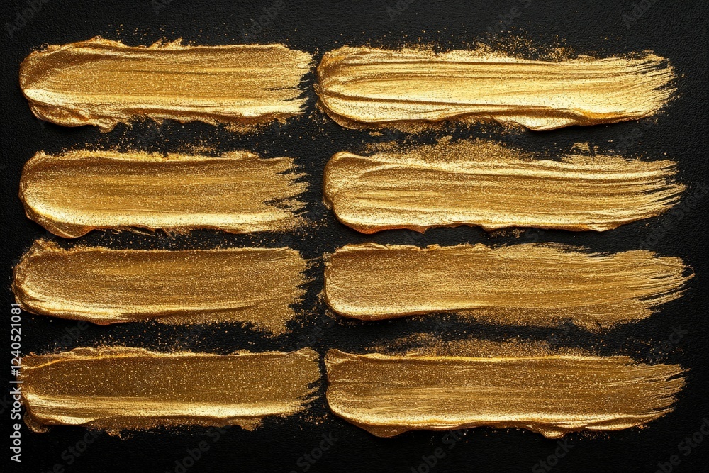 Poster collection of shining gold paint strokes arranged on a dark background for artistic exploration and 