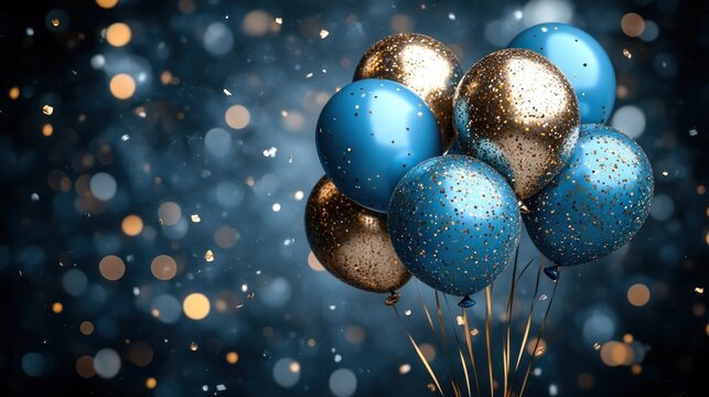 Festive gold blue balloons bokeh background celebration