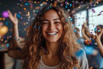 Happy diverse employees team celebrating success business achievement among confetti.