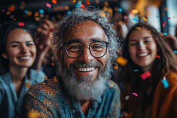 Happy diverse employees team celebrating success business achievement among confetti.