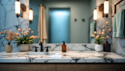Elegant marble countertop in blurred bathroom setting