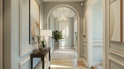 Fototapeta premium Bright hallway with duck egg accents, natural light, and a blend of diverse, elegant artwork