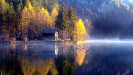 Fototapeta premium Tranquil Lakeside Cabin Surrounded by Autumn Foliage and Misty Reflections in a Serene Natural Landscape