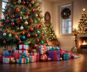 Presents stacked high on the floor around a large Christmas tree with colorful ornaments and garland , presents, colorful, garland