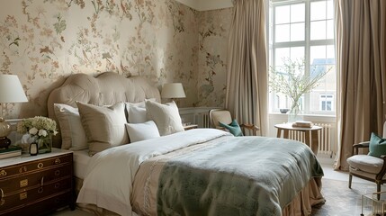 Elegant bedroom with duck egg wallpaper, natural light, and a variety of diverse furnishings