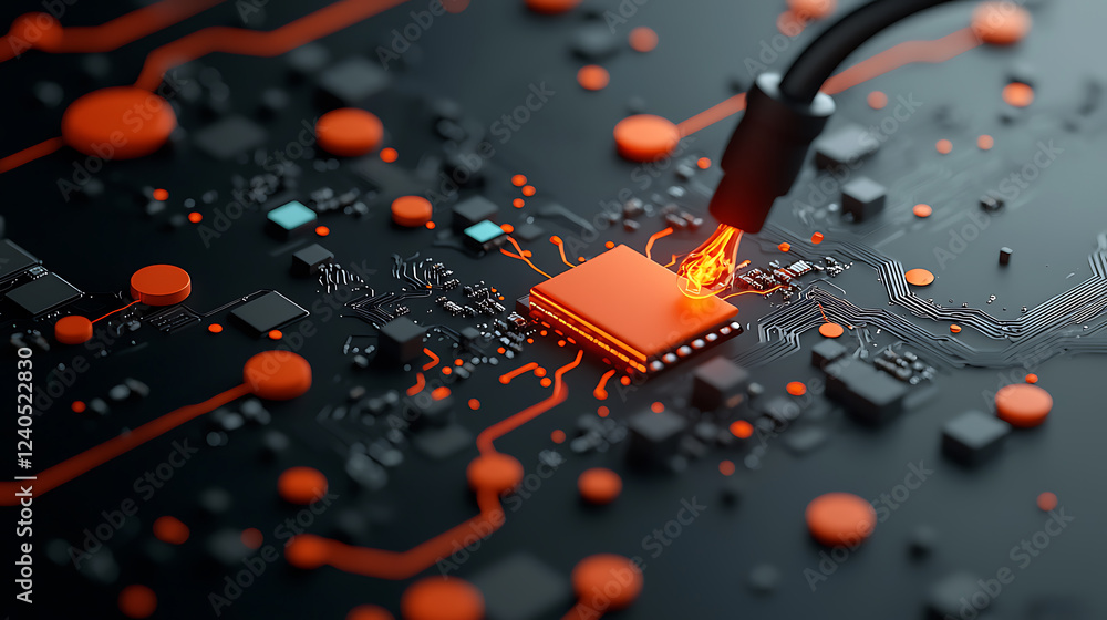 Poster pulsing electric streams energizing a complex circuit board digital realm close-up view technologica