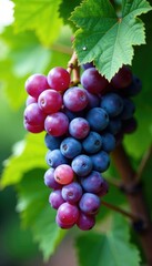 Fototapeta premium Purple clusters of grapes and leaves on the vine, veraison, leaves