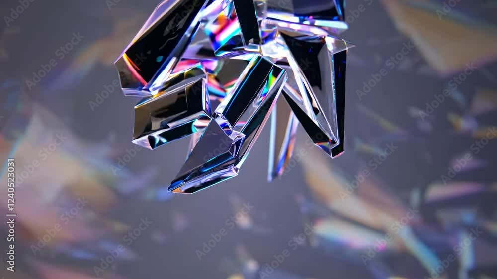 Poster crystal-like glass shards hovering in midair, each one splitting vibrant beams into kaleidoscopic ar