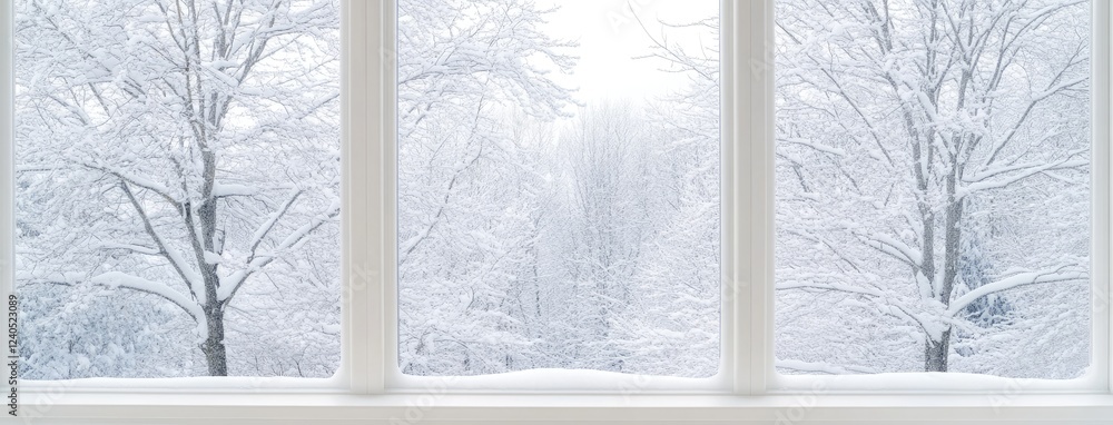 Aufkleber frosted trees create a serene winter view from a spacious room featuring expansive windows in a brig