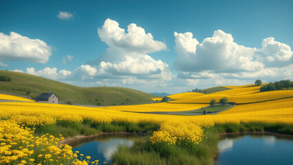 Fototapeta premium Quaint country landscape featuring radiant yellow rapeseed fields alongside shimmering blue ponds, spring flowers, crops, environment conservation, farm life