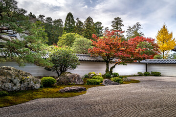 A shinto shrine zen garden in a temple in Kyoto taken in Autumn