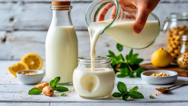 Pouring creamy probiotic kefir on rustic table