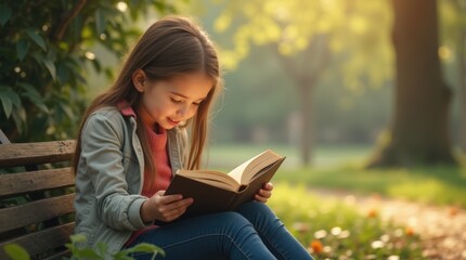 Obraz premium A girl sitting in a sunny park, deeply engrossed in a book