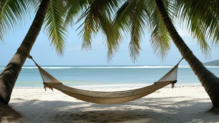 A serene beach with a hammock nestled between palm trees