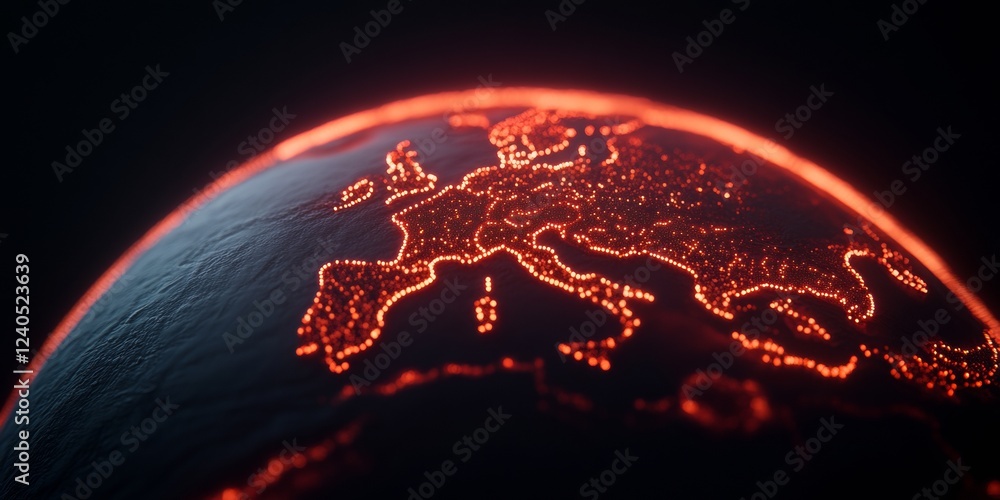 Fototapete neon tech aesthetic satellite view sphere with illuminated city networks - digital connectivity mapp