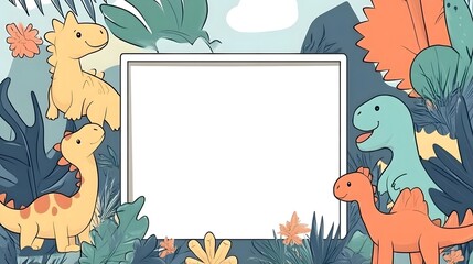Fototapeta premium Playful cartoon dinosaurs surrounded by vibrant foliage in a whimsical landscape, ideal for children's designs