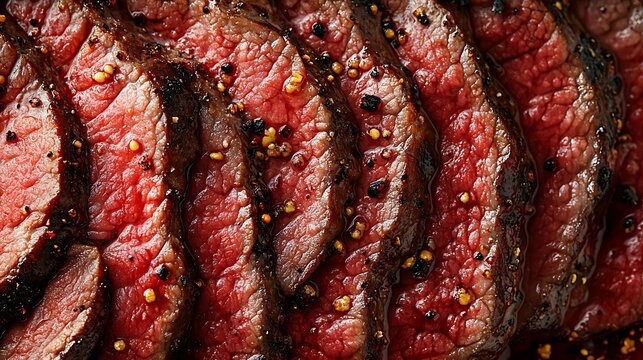 Sliced rare roast beef, pepper, close-up