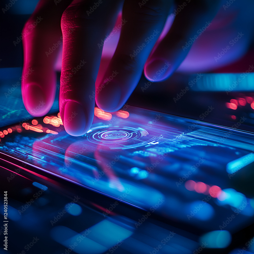Poster interactive tech touch: an illuminated hand interacts with a holographic interface, a high-tech gadg