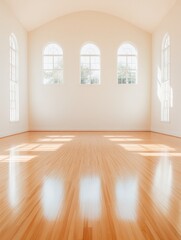 Obraz premium Contemporary Gymnasium Design Polished Hardwood Floors in Sunlit Space - Premium Athletic Venues and Modern Fitness Aesthetics for Professional Sports Environments
