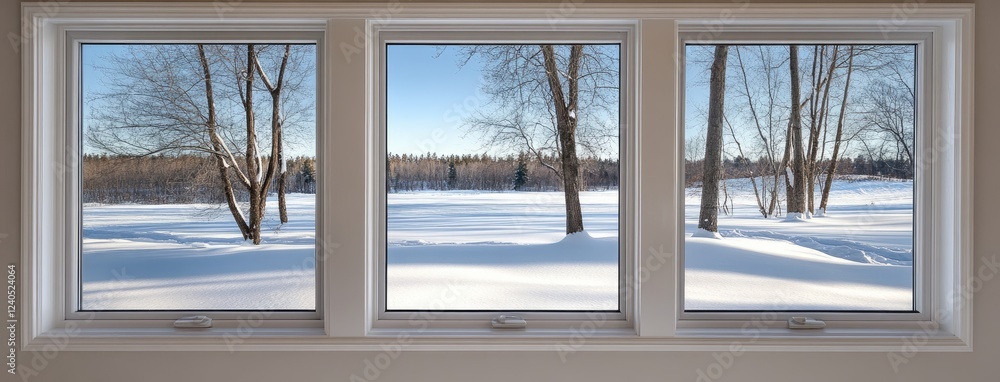 Aufkleber frosted trees create a serene winter view from a spacious room featuring expansive windows in a brig