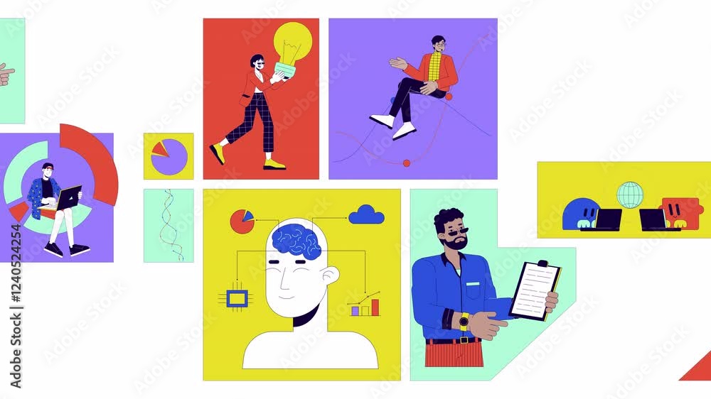 Poster data analytics people bento grid animation. graph charts analysis. multicultural adults statistician