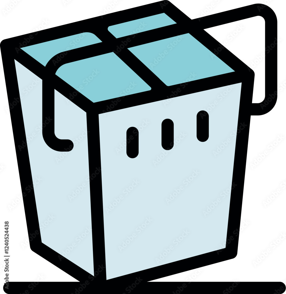 Poster light blue wok box with tied string and metal handle lying on a surface, ready for delivery