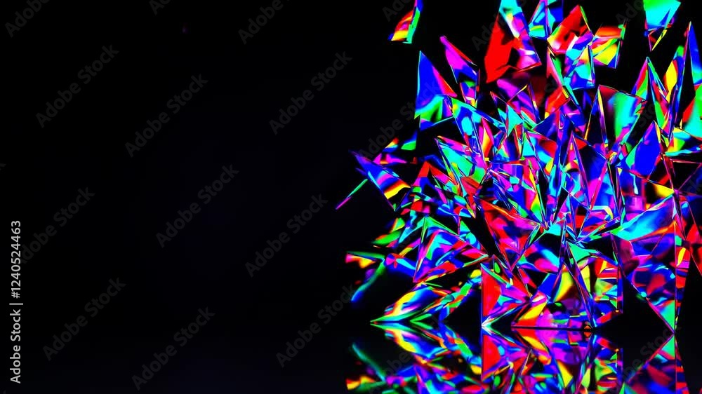 Poster prismatic rainbow shards refracting across a sleek black background, creating a surreal interplay of
