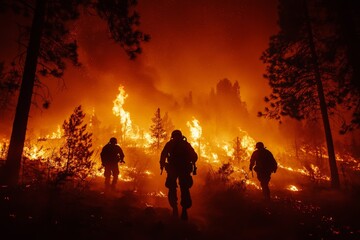 Firefighters battle a raging wildfire in a forest during nighttime with flames illuminating the dark sky