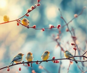 Fototapeta premium Colorful birds perched on blooming branches, vibrant spring scene with soft bokeh background, showcasing nature's beauty and tranquility, copy space for text