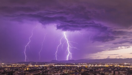 Night city lightning storm, dramatic sky, purple clouds, urban landscape, weather photography