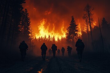 Fototapeta premium Firefighters approach a raging wildfire as flames consume the forest during a dangerous operation at dusk