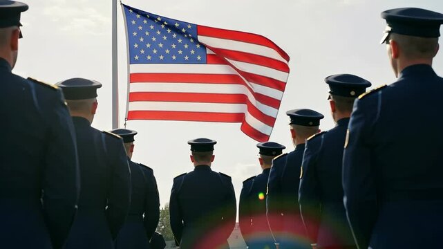Military, flag and parade with soldiers, patriotism and defense for independence day event. Army, national symbol and honor for service, veteran and memorial with group of people for celebration