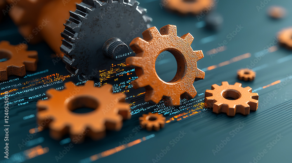 Poster rust-covered gears emerge from glitchy code in a digital workshop capturing the intersection of tech