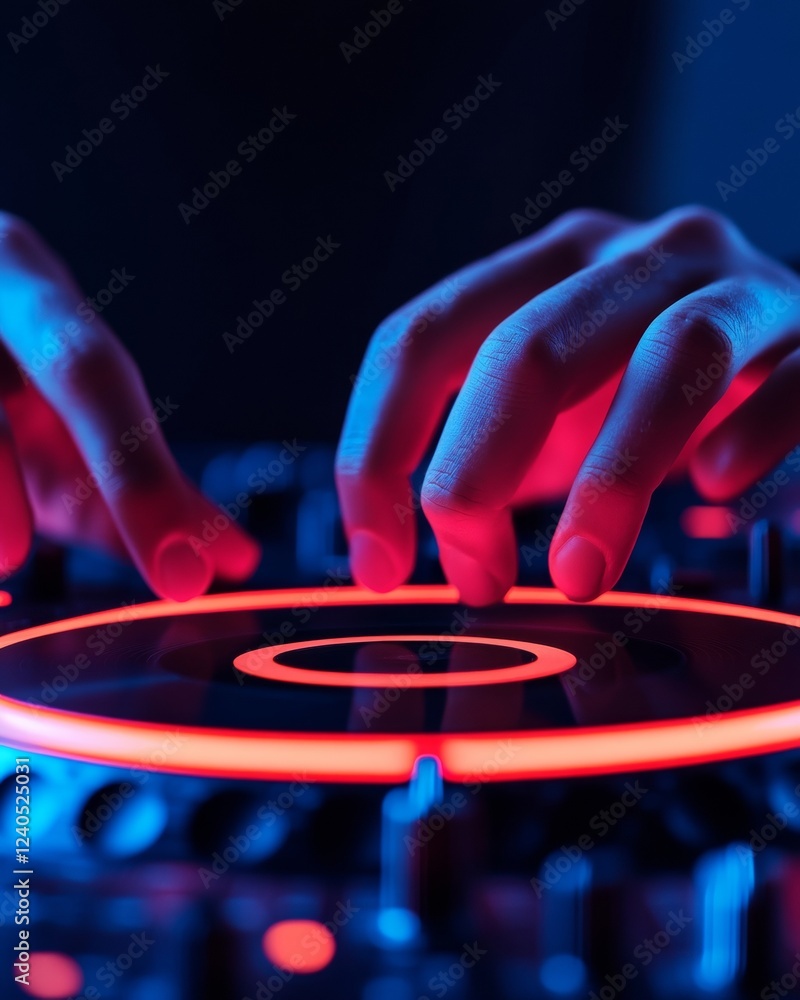 Poster neon futurism in electronic music close-up of hands on dj controller for immersive home studios - en