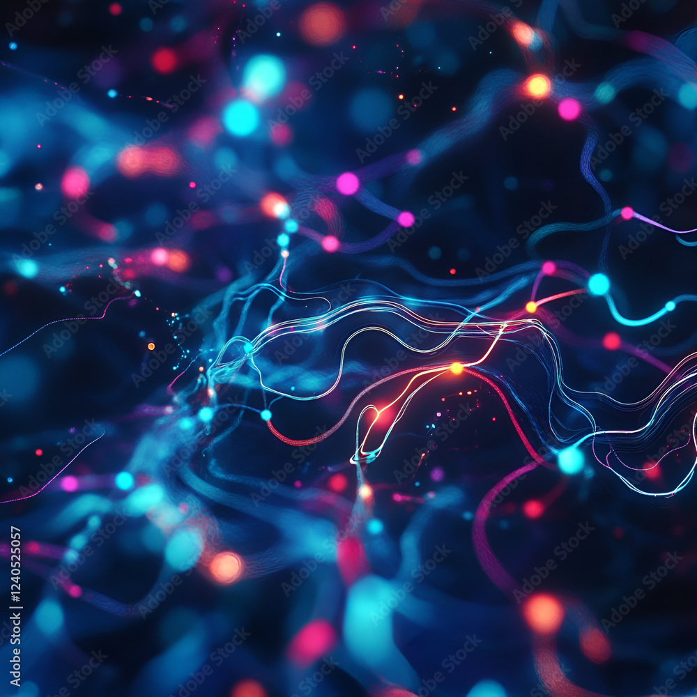 Poster digital neuron network: illustrating a complex network of interconnected neurons with vibrant, flowi