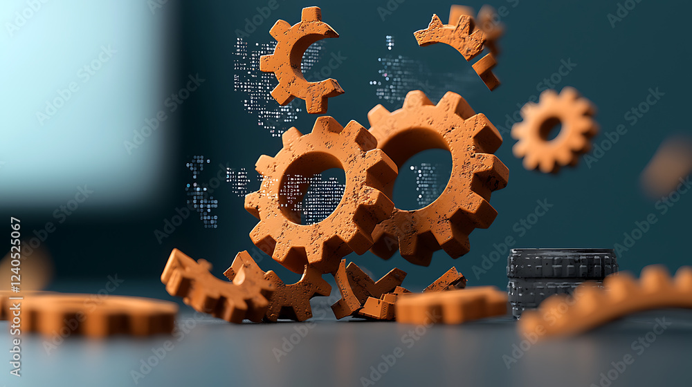 Poster rusty gears in glitching code environment digital art exhibit high-tech abstract background mechanic